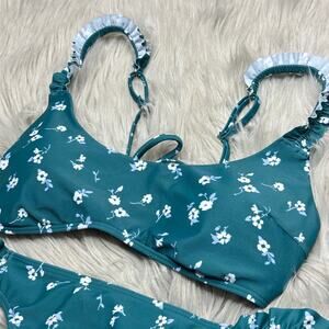 Hollister Floral Triangle Bikini Set M Teal Green Cheeky Ruffled Adjustable
